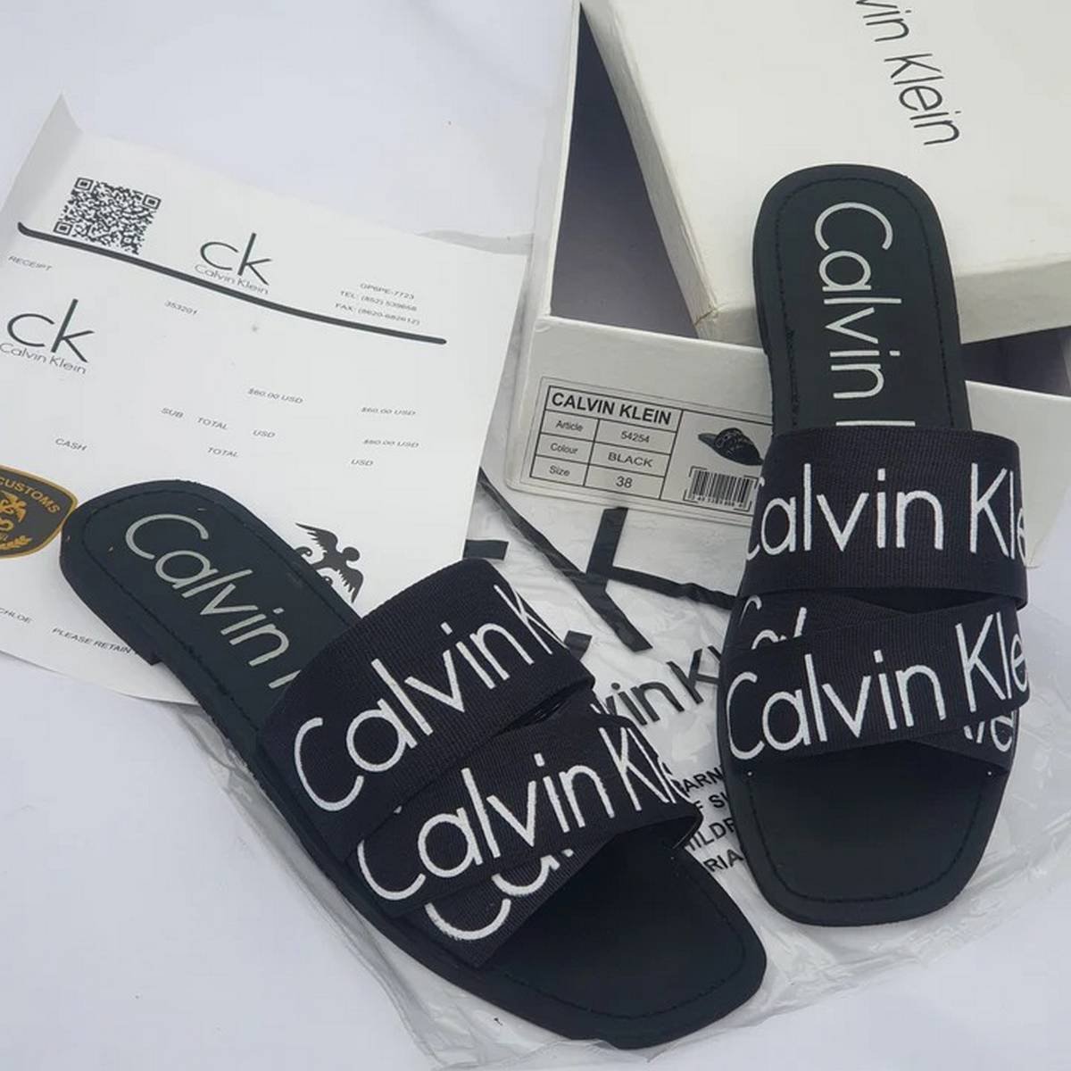 Calvin Klein Criss-Cross Logo Tape Flat Slide Sandals – Black - Image 3