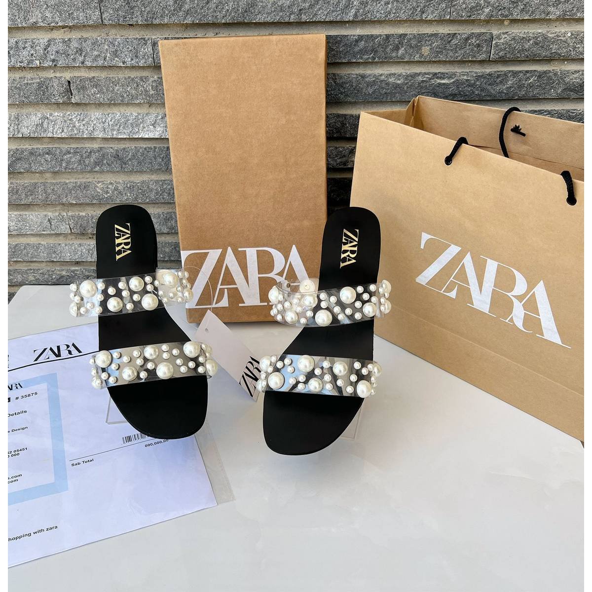 ZARA Clear Pearl Embellished Double-Strap Flat Slide Sandals – Black - Image 2