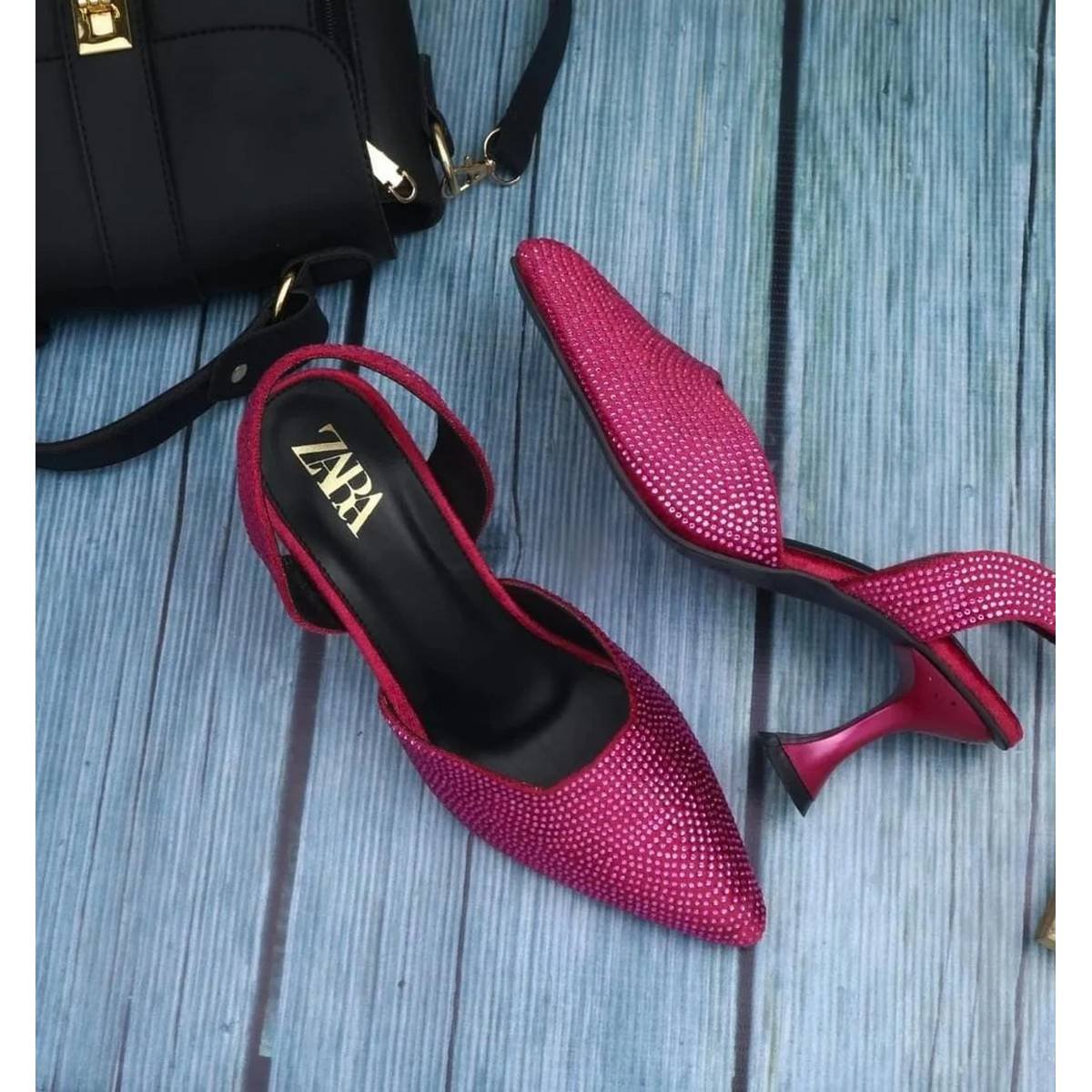 ZARA Rhinestone Embellished Pointed-Toe Slingback Flare Heel Pumps – Hot Pink - Image 3