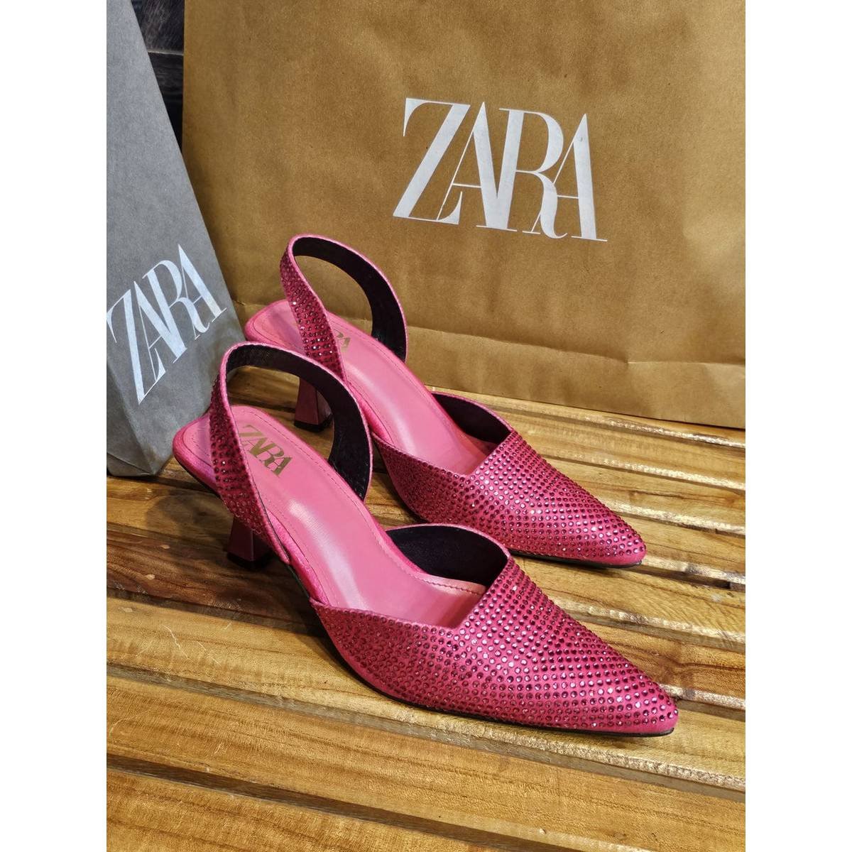 ZARA Rhinestone Embellished Pointed-Toe Slingback Flare Heel Pumps – Hot Pink - Image 2