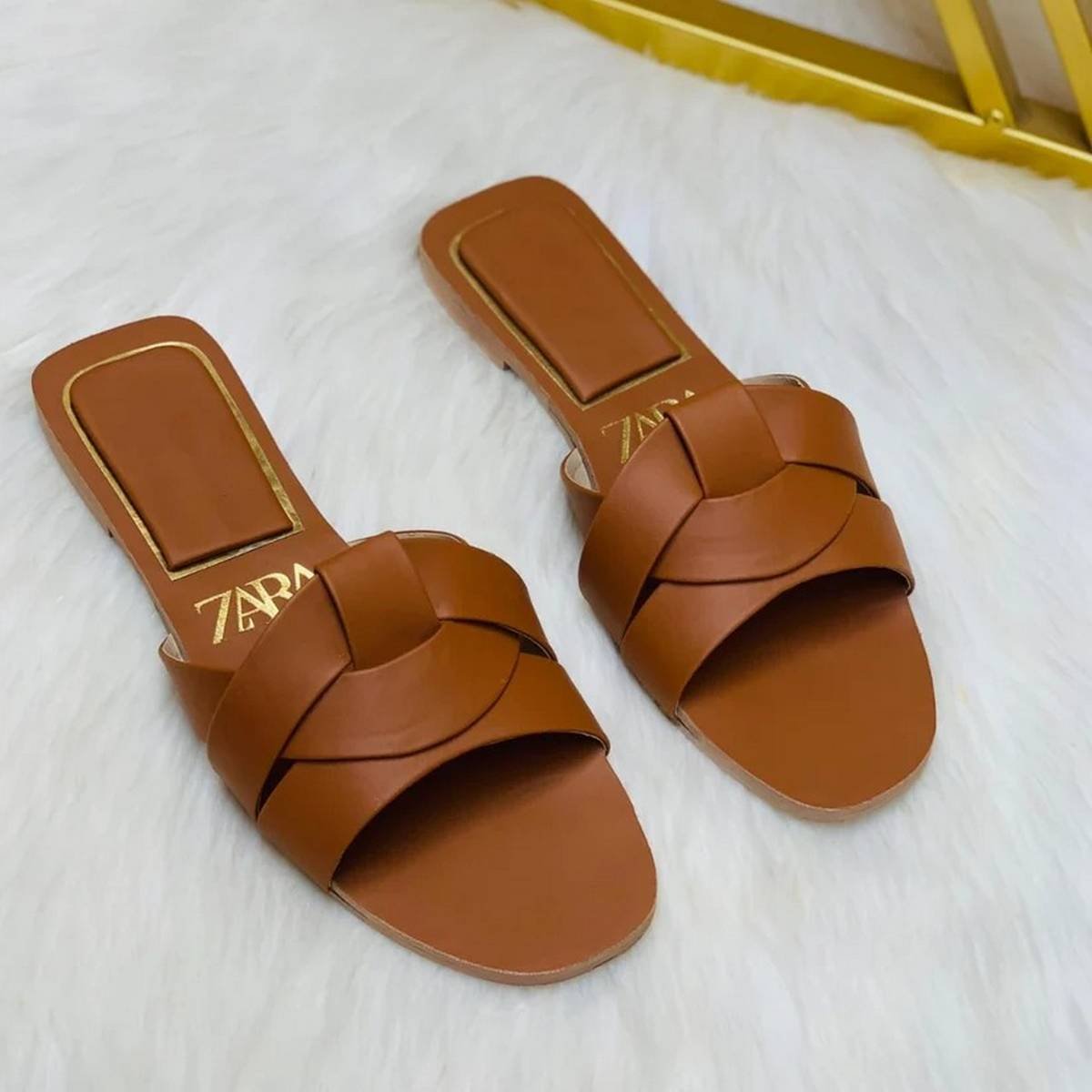 ZARA Interlocking Cutout Strap Flat Slide Sandals – Tan - Image 2