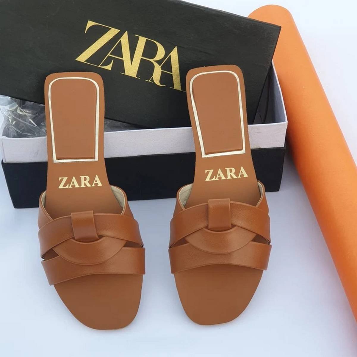 ZARA Interlocking Cutout Strap Flat Slide Sandals – Tan - Image 3
