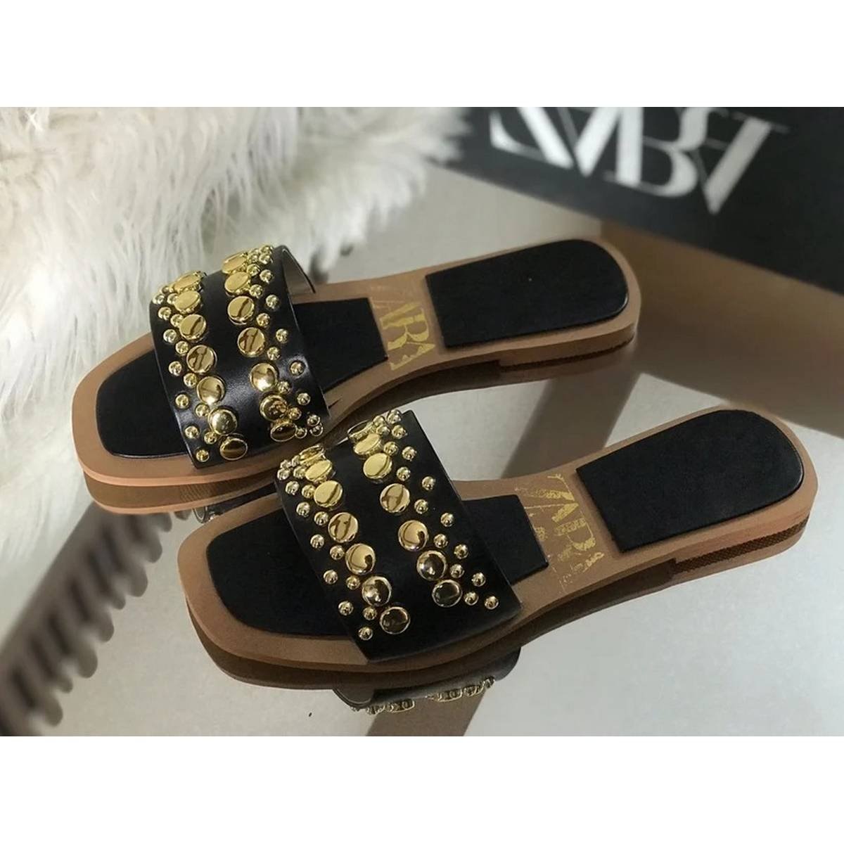 ZARA Gold Studded Leather Flat Slide Sandals – Black / Tan - Image 2