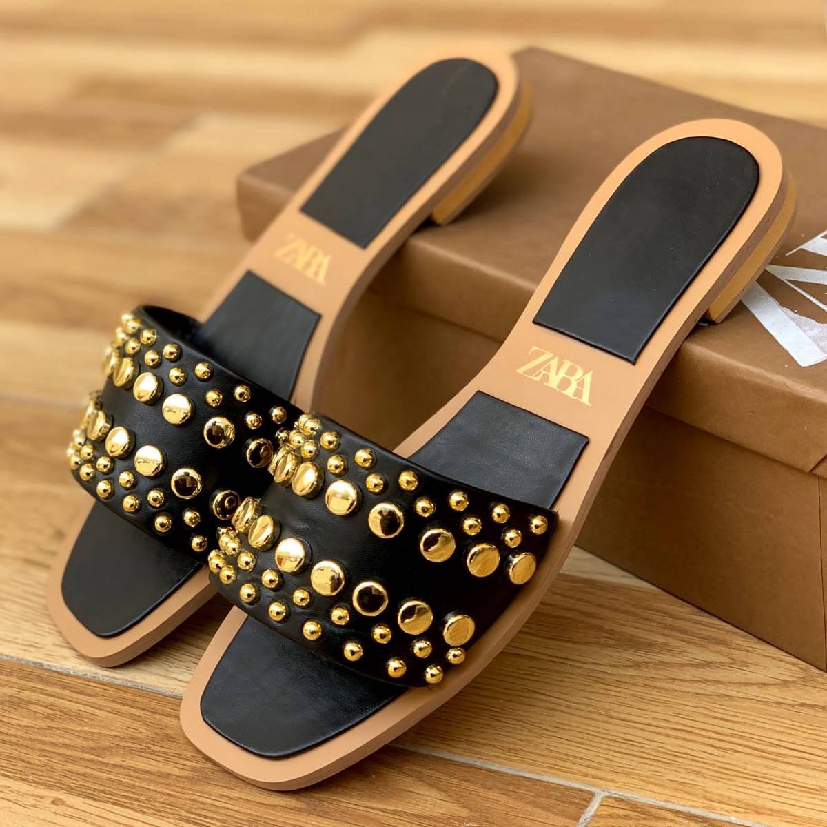 ZARA Gold Studded Leather Flat Slide Sandals – Black / Tan - Image 3