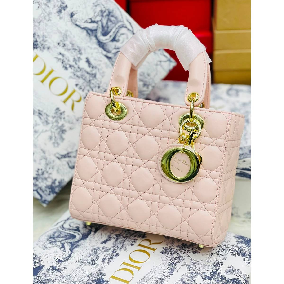 Dior Lady Style Quilted Handbag – Emerald Green, Black, White, Pink & Beige - Image 6