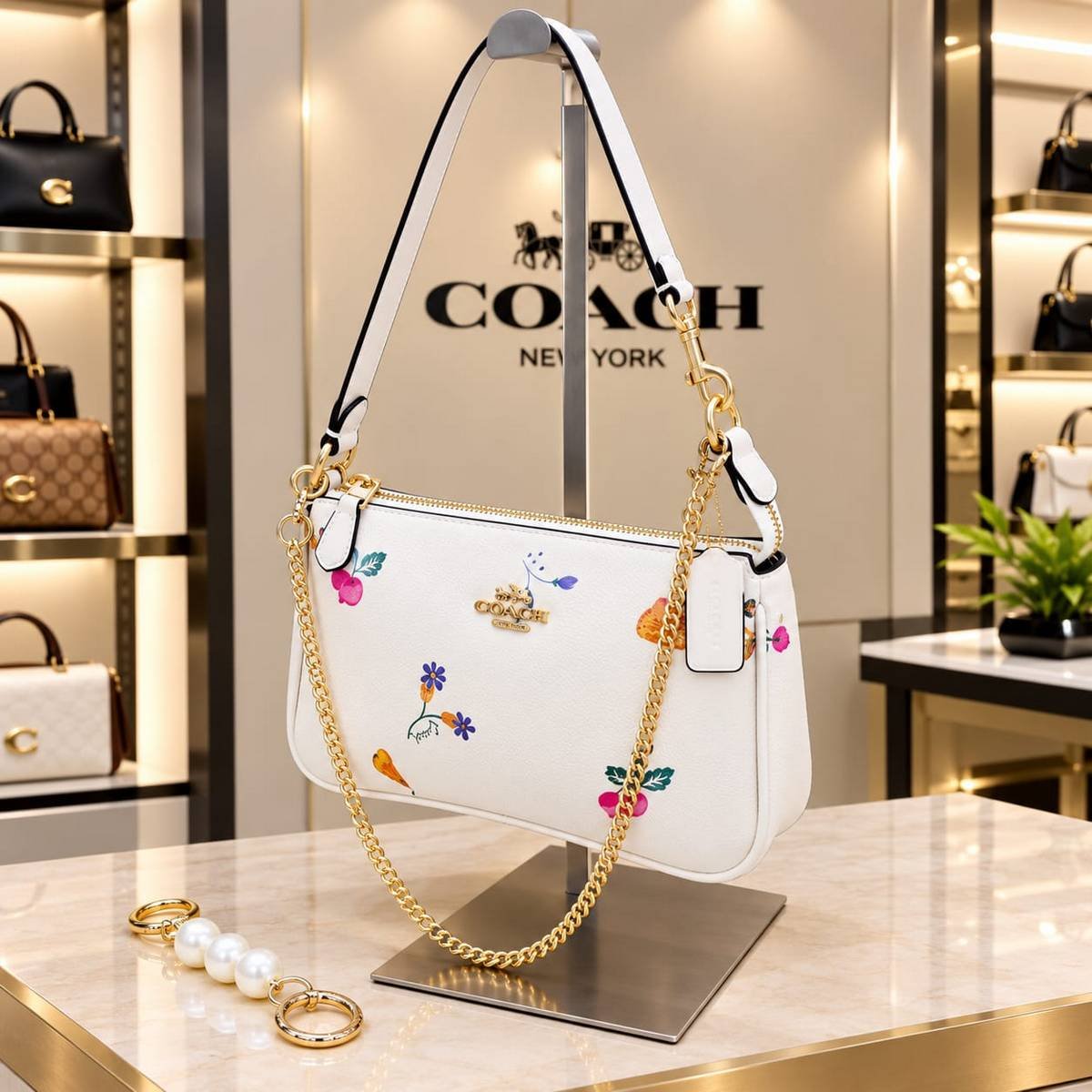 Coach Floral White Shoulder Bag – Gold Chain & Adjustable Strap - Image 2