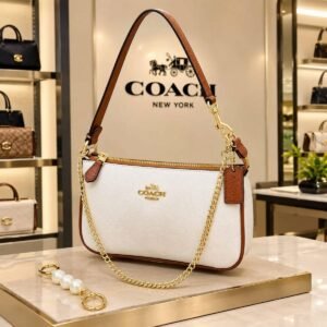 Coach White & Brown Shoulder Bag – Gold Chain & Leather Trim - White