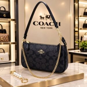 Coach White & Brown Shoulder Bag – Gold Chain & Leather Trim - Black