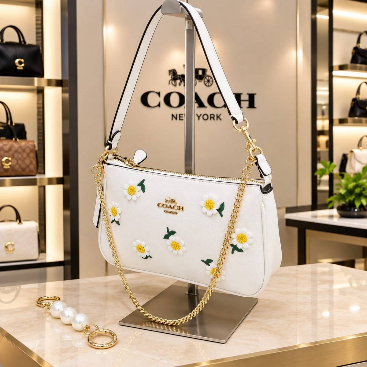 Coach Daisy Floral Shoulder Bag – White with Gold Chain - Image 2