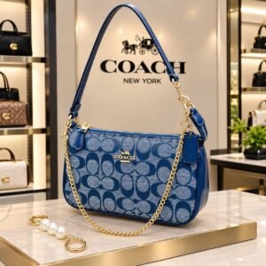 Coach White & Brown Shoulder Bag – Gold Chain & Leather Trim - Royal Blue