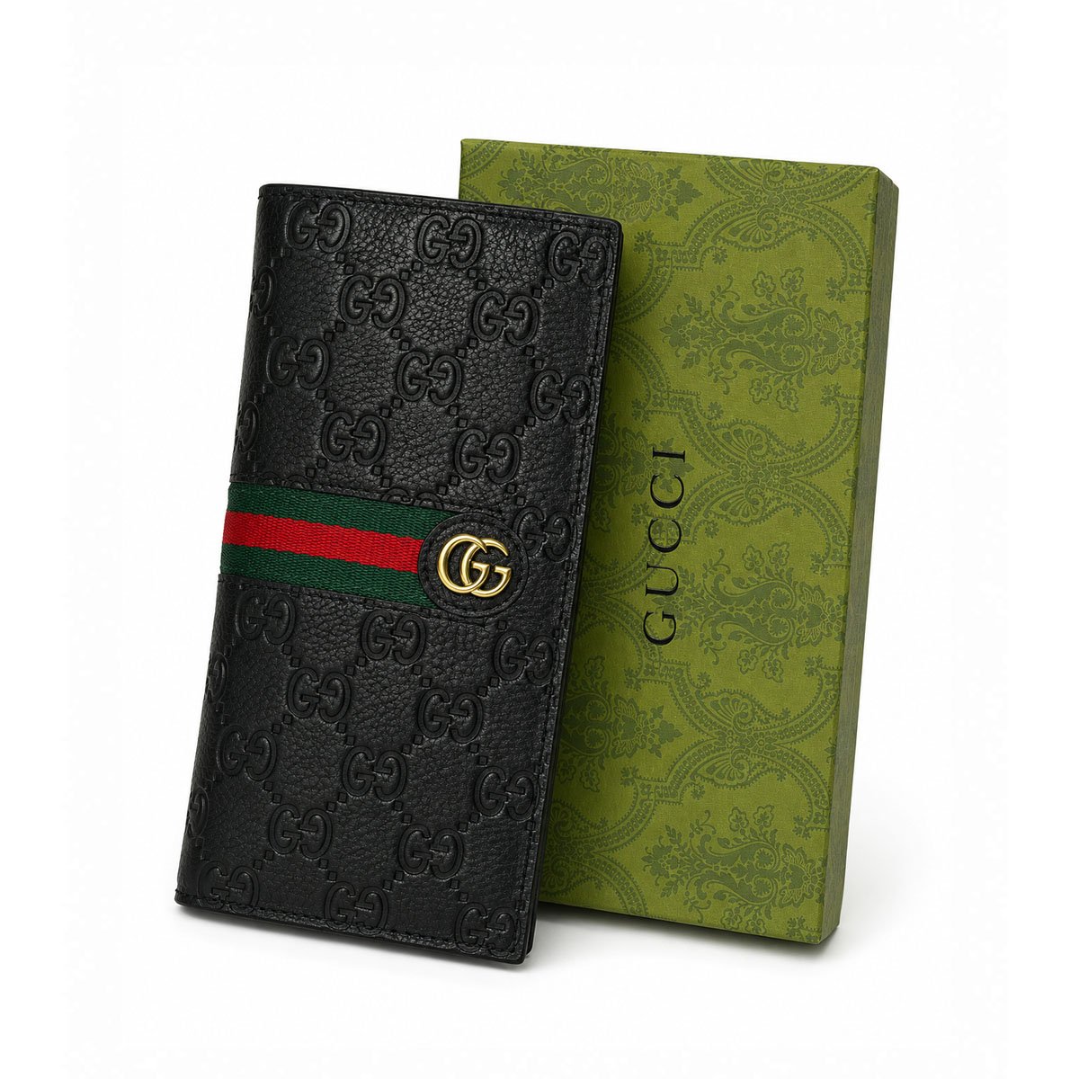 Signature Embossed Leather Web Stripe Vertical Long Wallet
