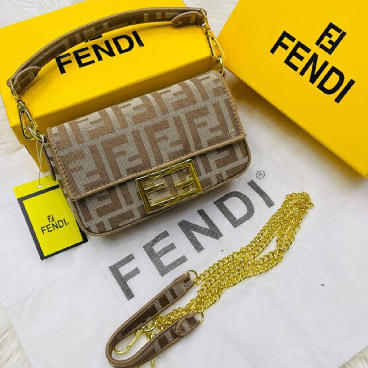 FENDI Baguette FF Monogram Shoulder Bag – Beige & Brown - Image 3