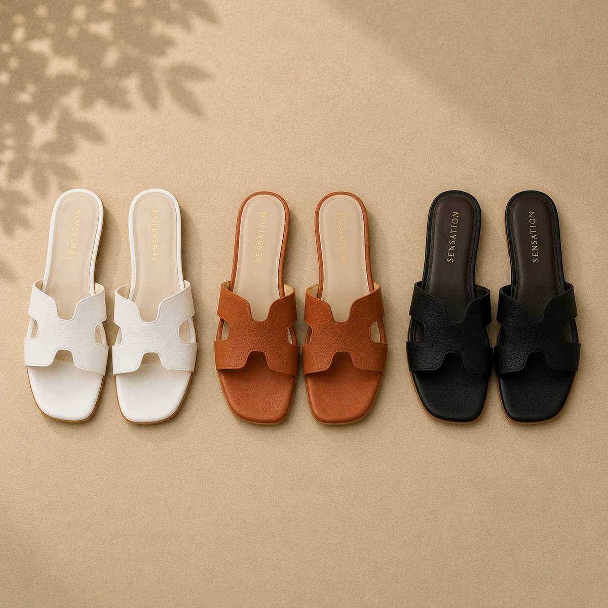Cut-Out H-Strap Leather Flat Slide Sandals – Brown - Image 5