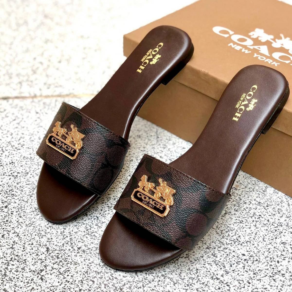 Coach Horse & Carriage Signature Canvas Flat Slides – Dark Brown / Gold - Image 3