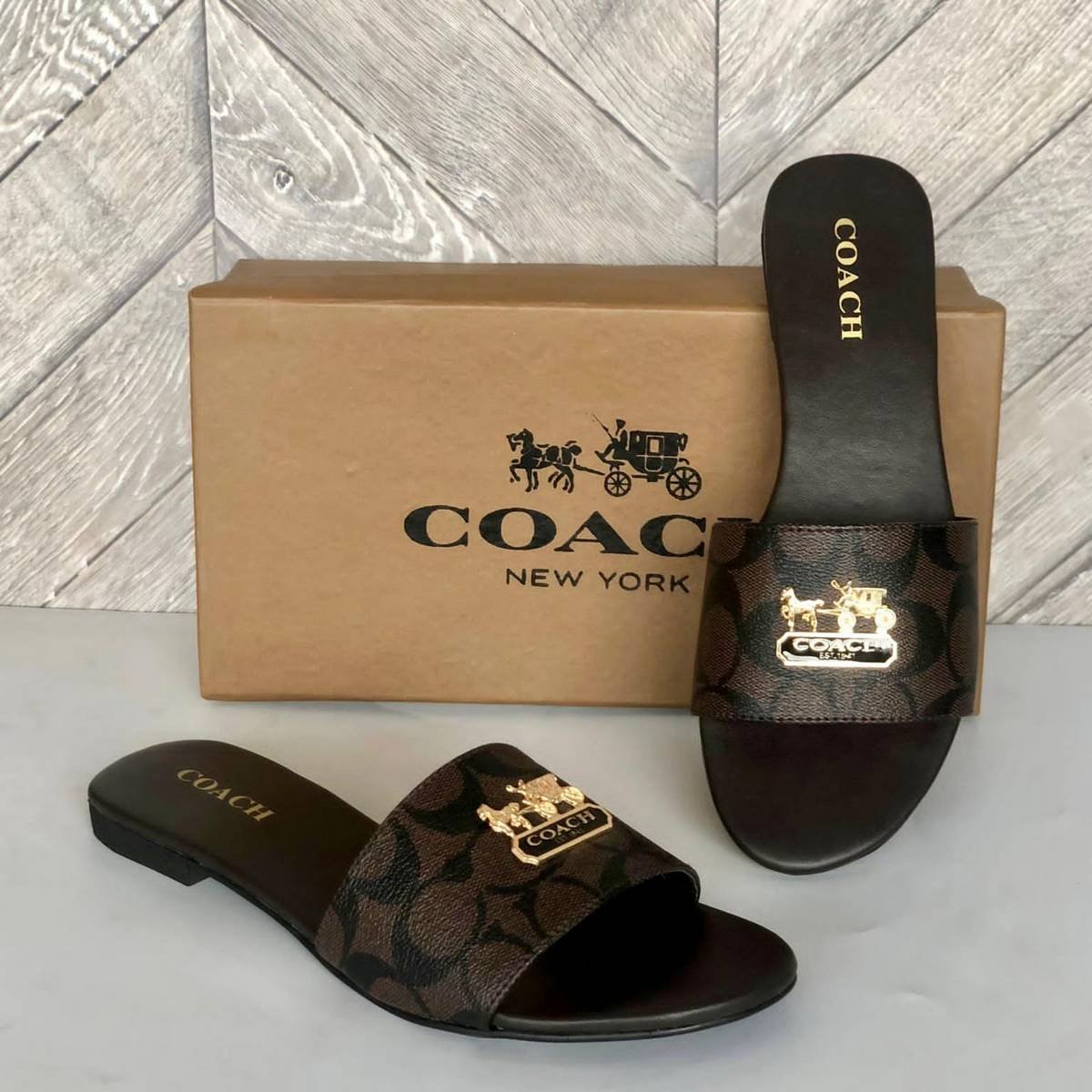 Coach Horse & Carriage Signature Canvas Flat Slides – Dark Brown / Gold - Image 4