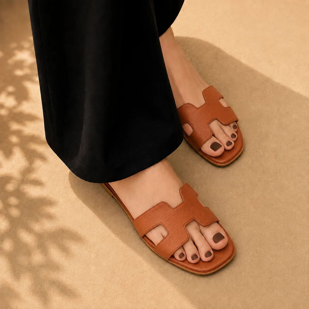 Cut-Out H-Strap Leather Flat Slide Sandals – Brown - Image 4