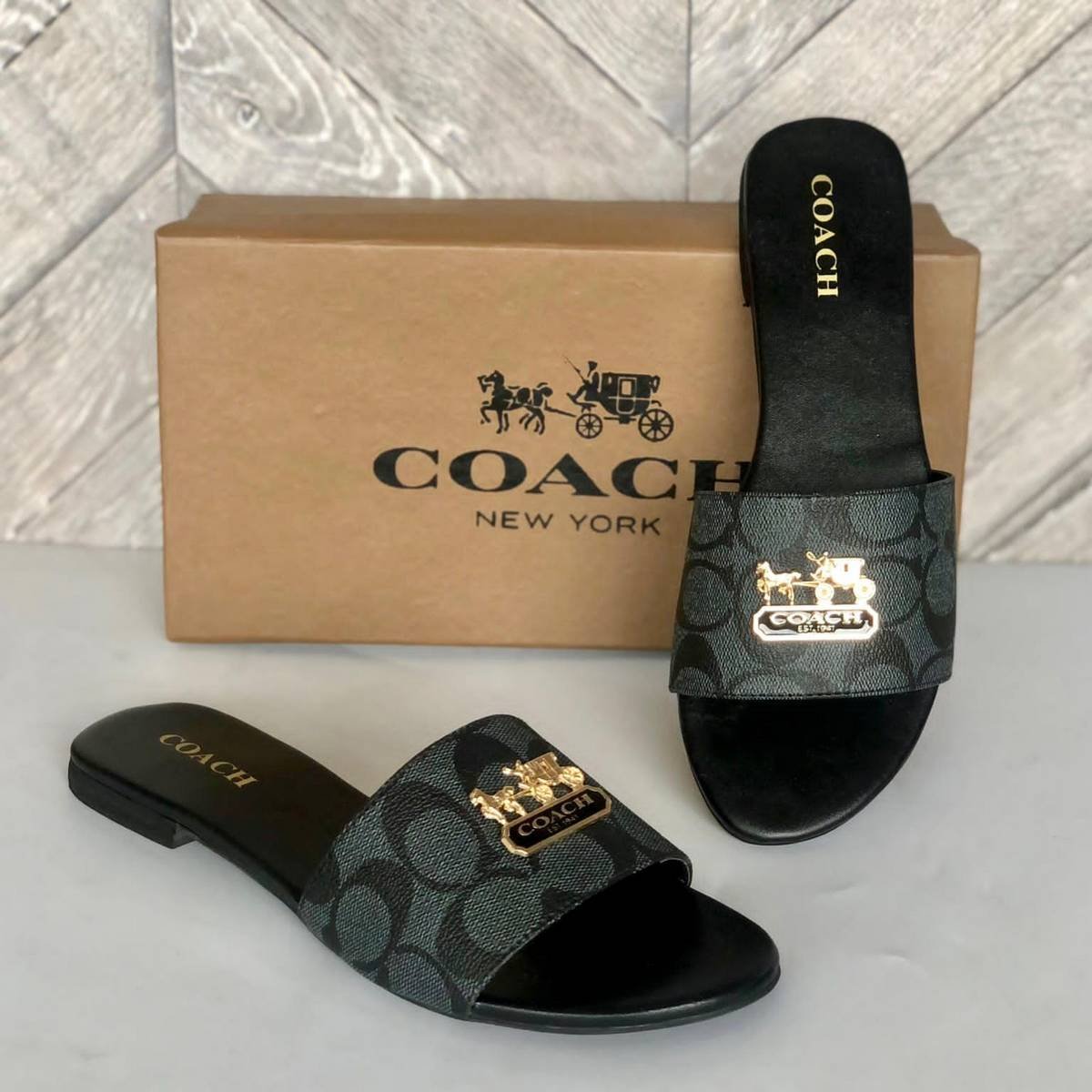 Coach Horse & Carriage Signature Canvas Flat Slides – Charcoal / Black - Image 2