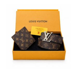 Louis Vuitton brown monogram belt and bifold wallet gift set with metallic LV buckle