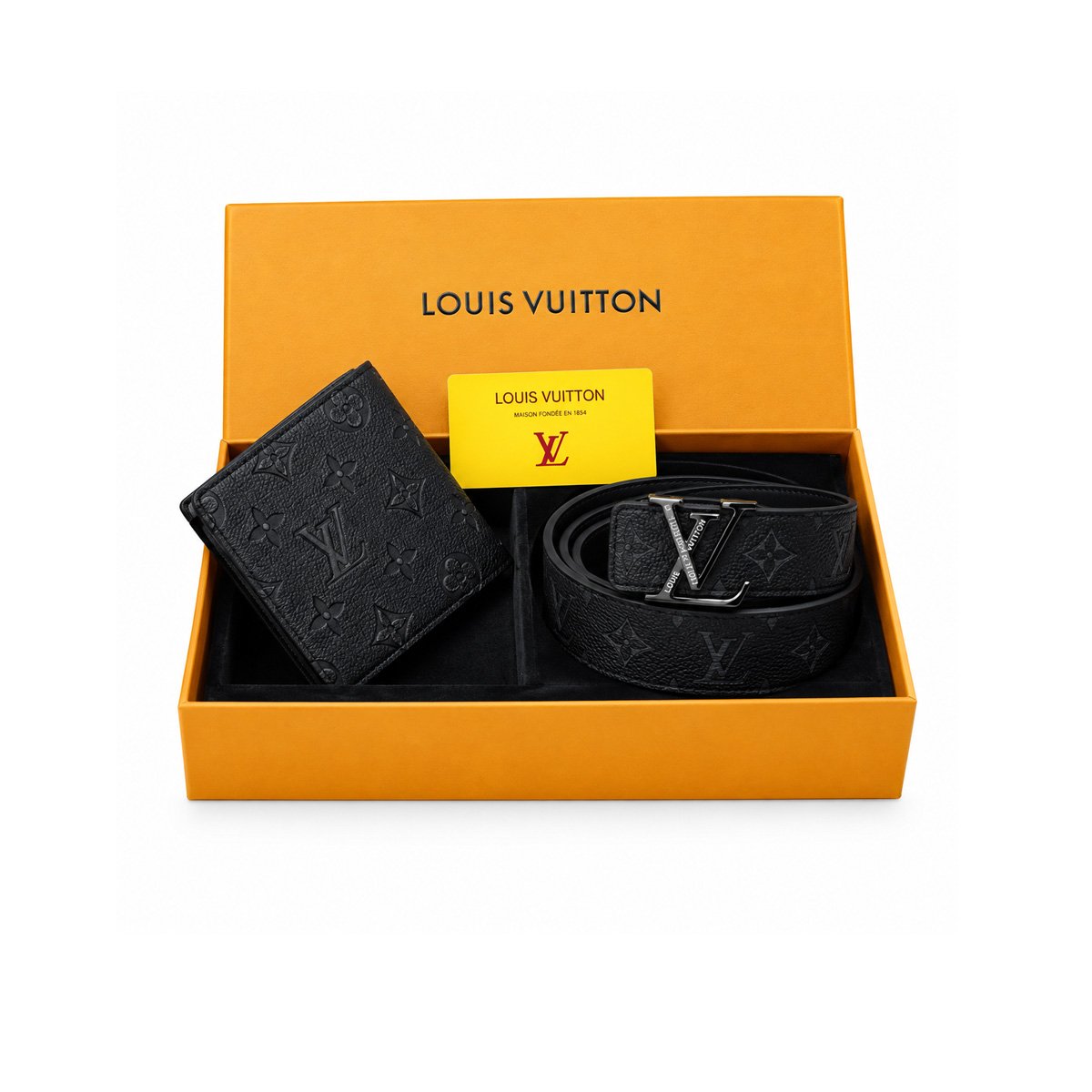 Louis Vuitton monogram embossed black belt and bifold wallet gift set