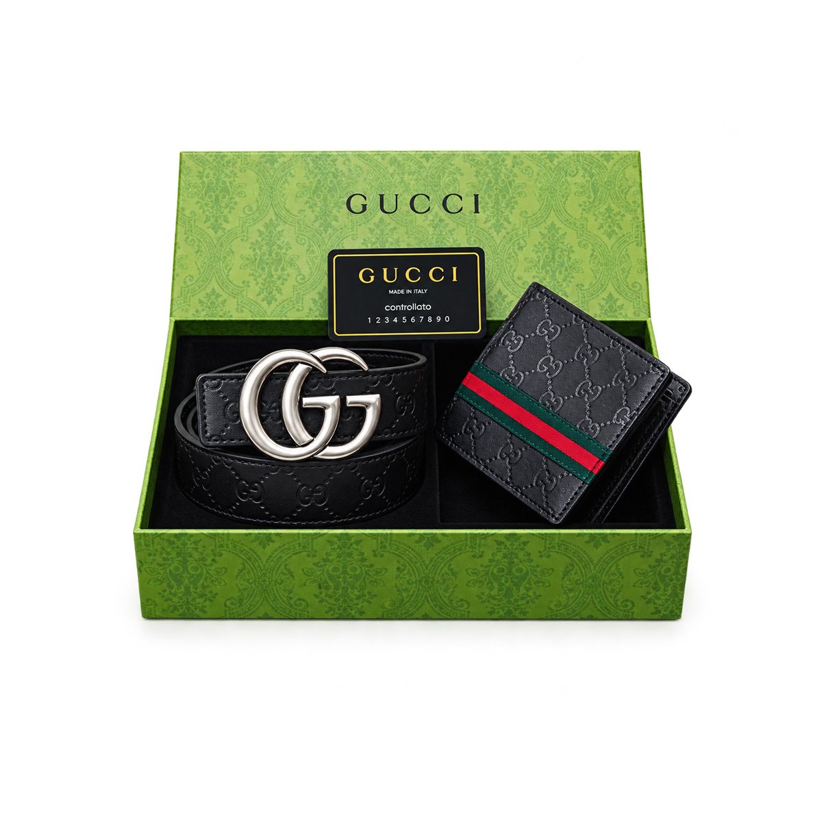 Gucci GG embossed black belt and Web stripe bifold wallet gift set