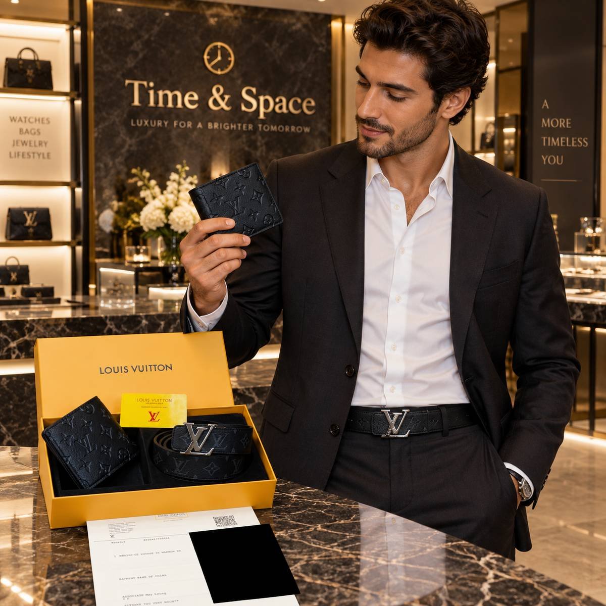 Louis Vuitton Monogram Embossed Black Belt & Bifold Wallet Gift Set - Image 4