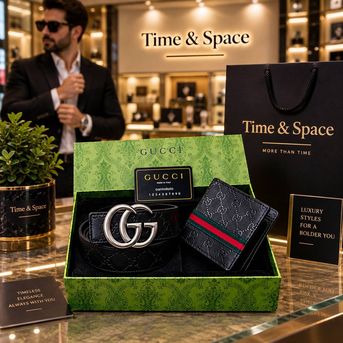 Gucci GG Embossed Black Belt & Web Stripe Bifold Wallet Gift Set - Image 2