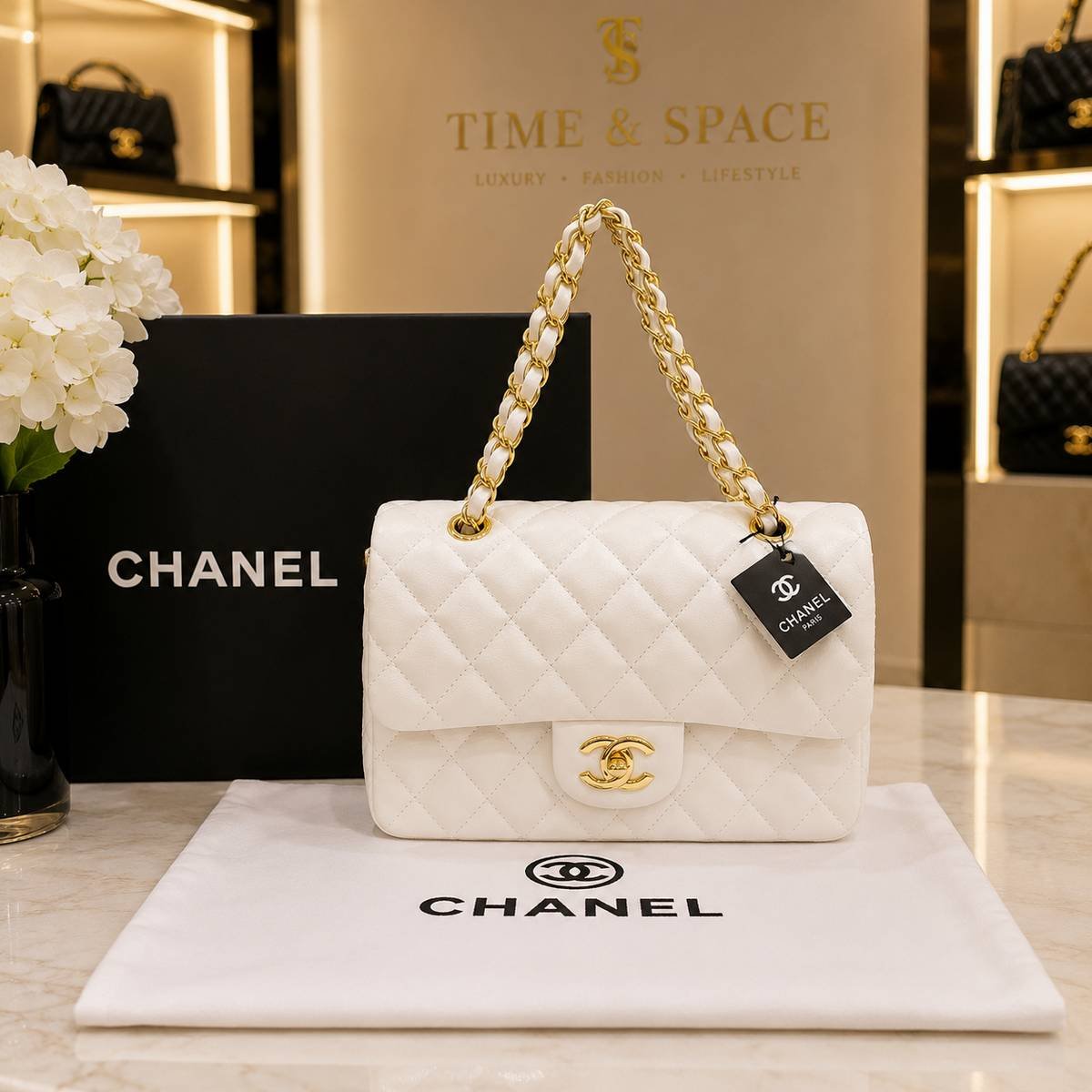 Chanel Classic Quilted Shoulder Bag – Beige with Gold Chain - Image 5