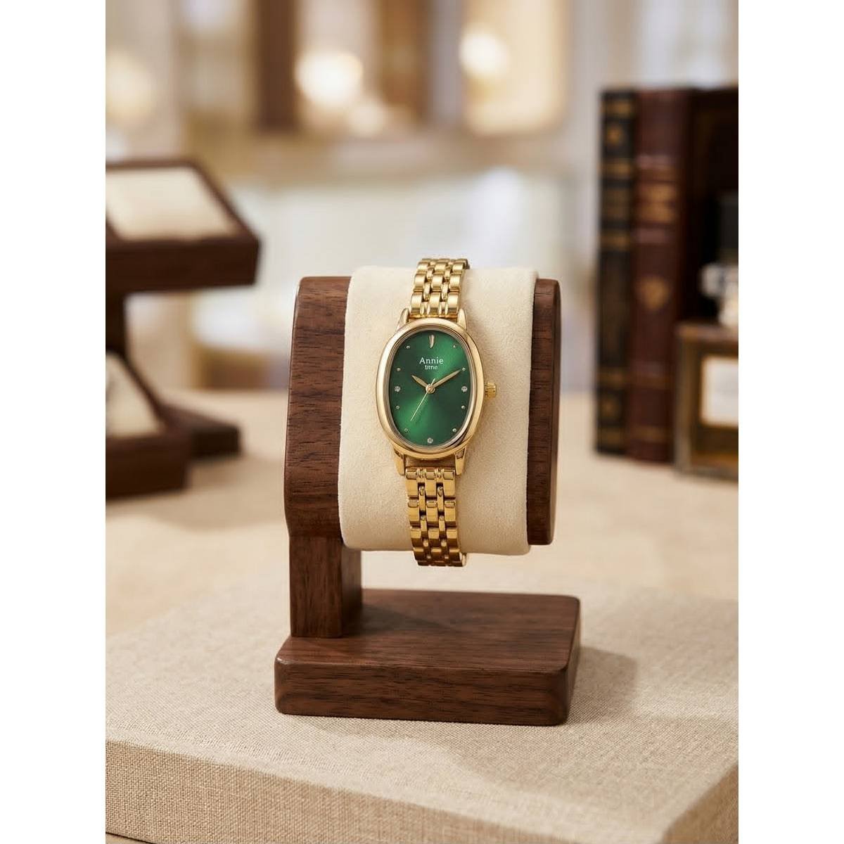 Annie Time Ladies' Emerald Oval Dial Gold Chain Watch - Image 3