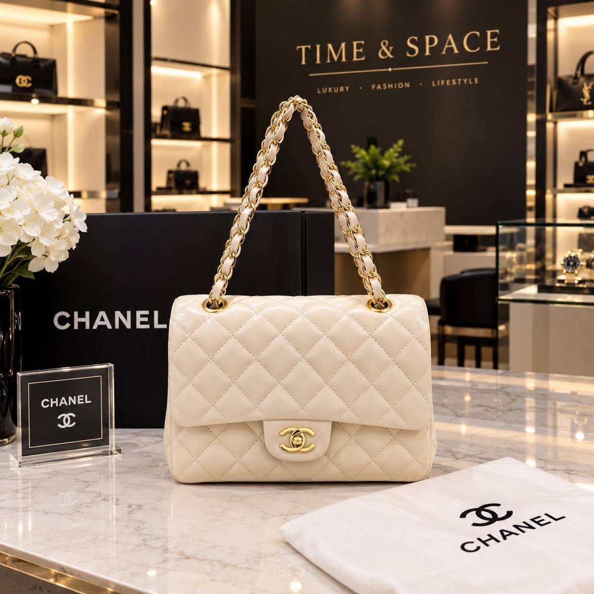 Chanel Classic Quilted Shoulder Bag – Beige with Gold Chain - Image 2
