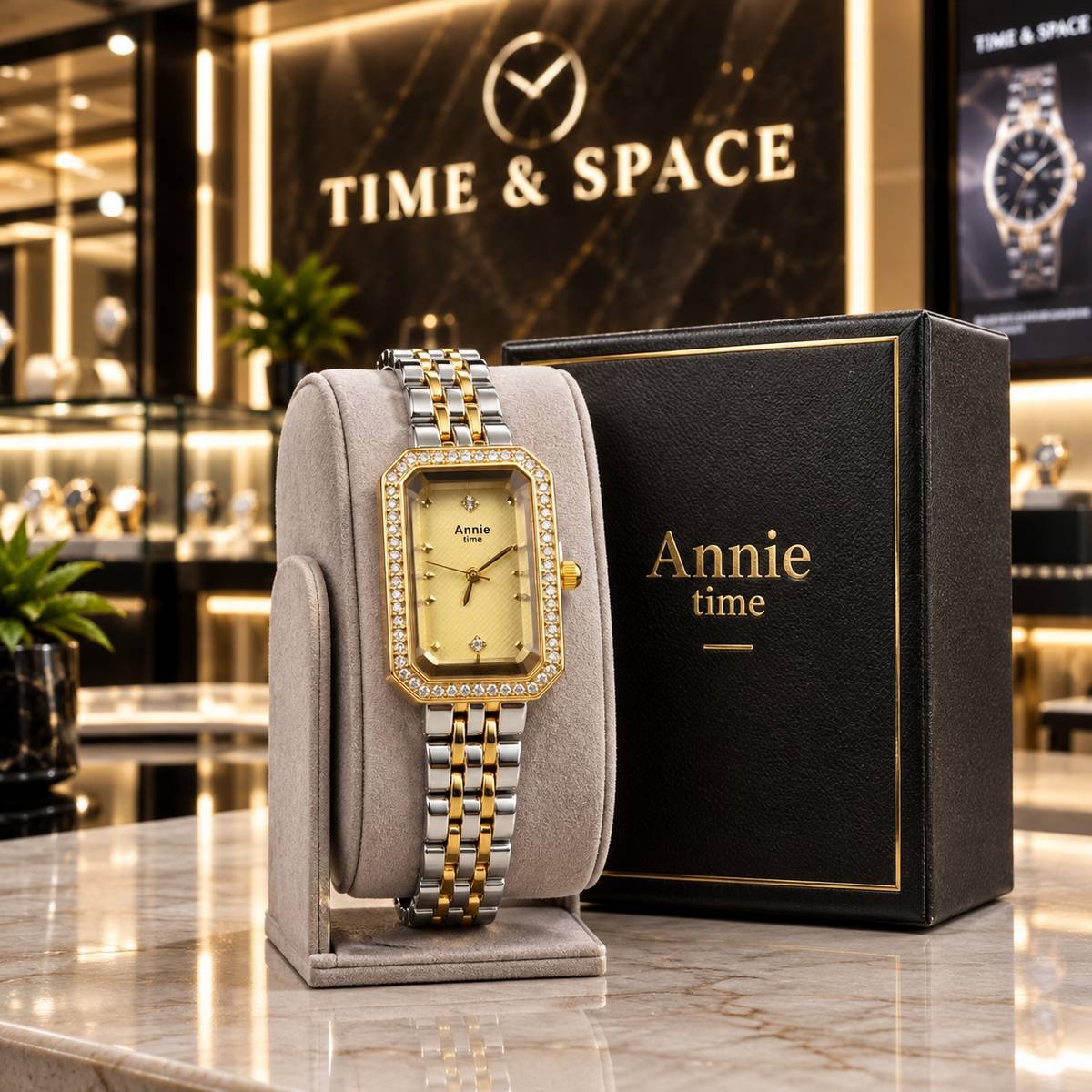Annie Time Two-Tone Octagonal Crystal Women's Watch with Gold Dial - Image 2