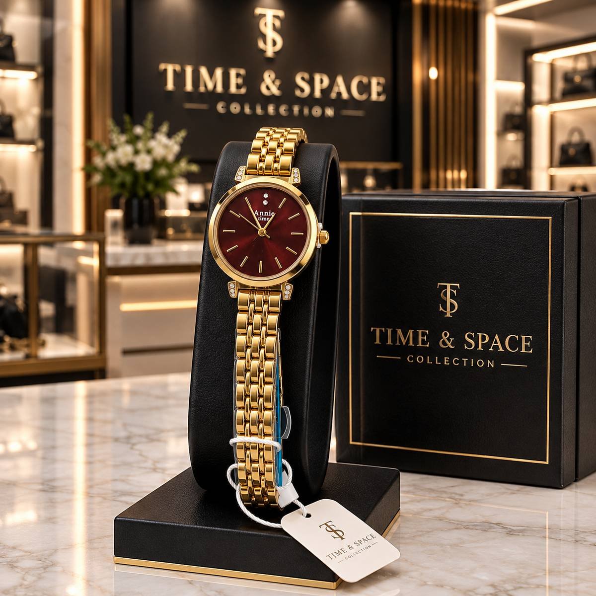 Annie Time Classic Gold Watch with Deep Maroon Dial - Image 2