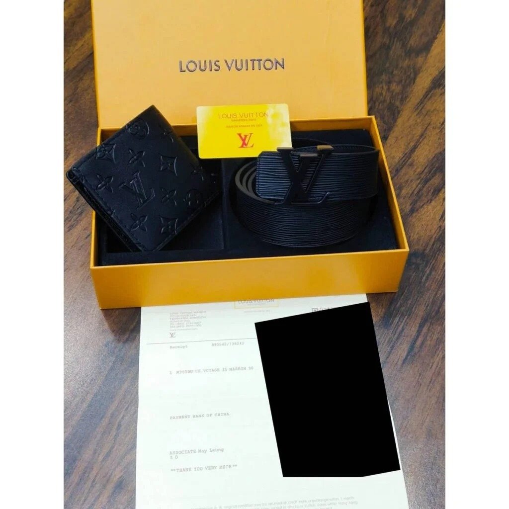 Louis Vuitton Monogram Embossed Black Belt & Bifold Wallet Gift Set - Image 3